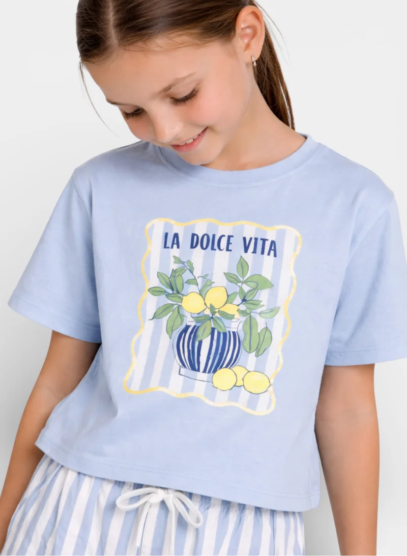 victor and jane Girls 2 Pc Set Graphic Print T-Shirt &amp; Striped Shorts Set – White &amp; Blue